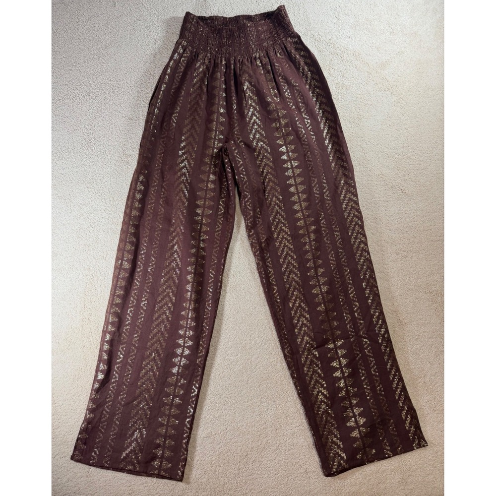 Elan Brown Gold Metallic Wide Leg Smocked Waist Boho Pants Small CNL 2204